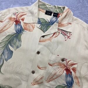 WTF Mens Hawaiian 100% Silk Shirt Size L Gold Tropical‎ Floral Resortwear Beach